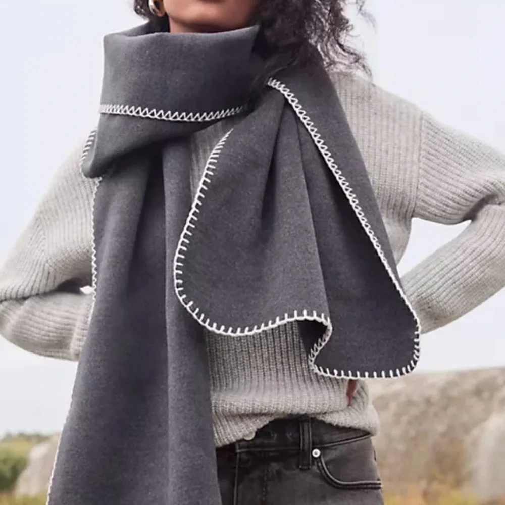 NWT LOFT Gray Flannel Blanket Stitched Trim Oversized Scarf/Wrap 80